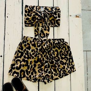 Tie Front Leopard Tube Top & Shorts Set